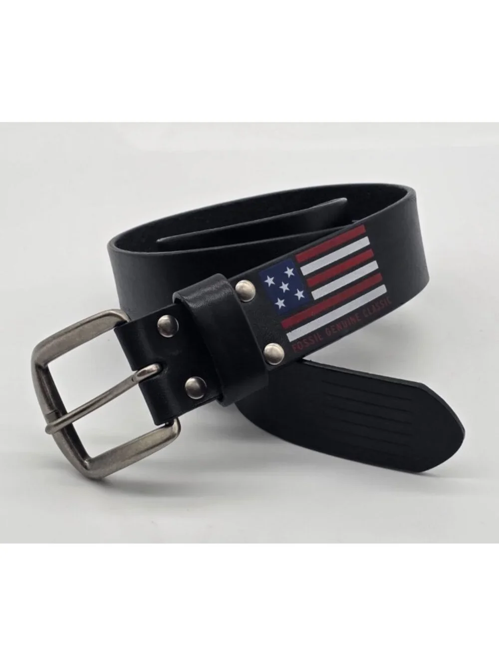 Fossil Genuine Classic Belt Men's Size 34 American Flag Patriotic Black Leather